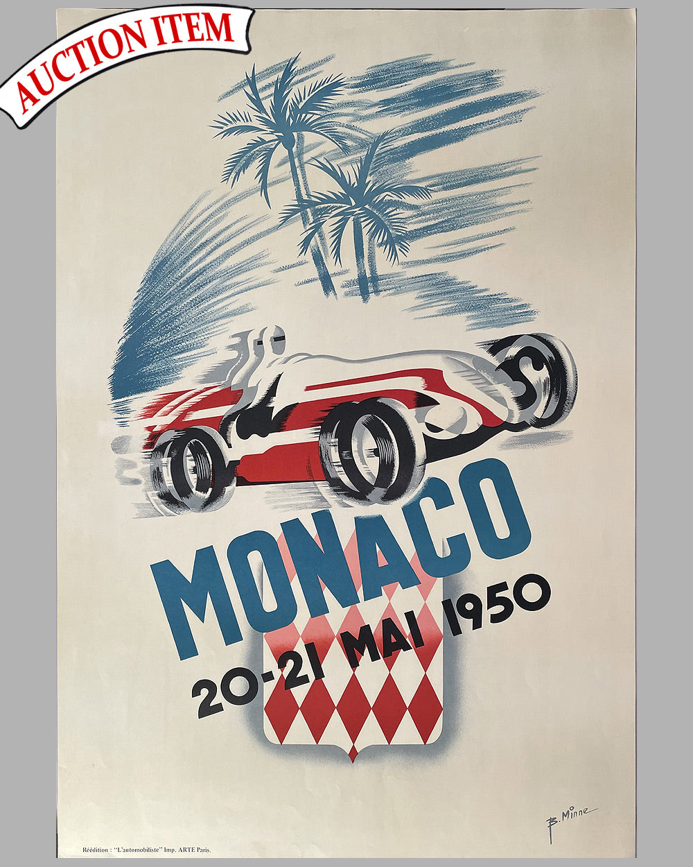 1950 Monaco Grand Prix poster by B. Minne, showing the silhouette of a Maserati