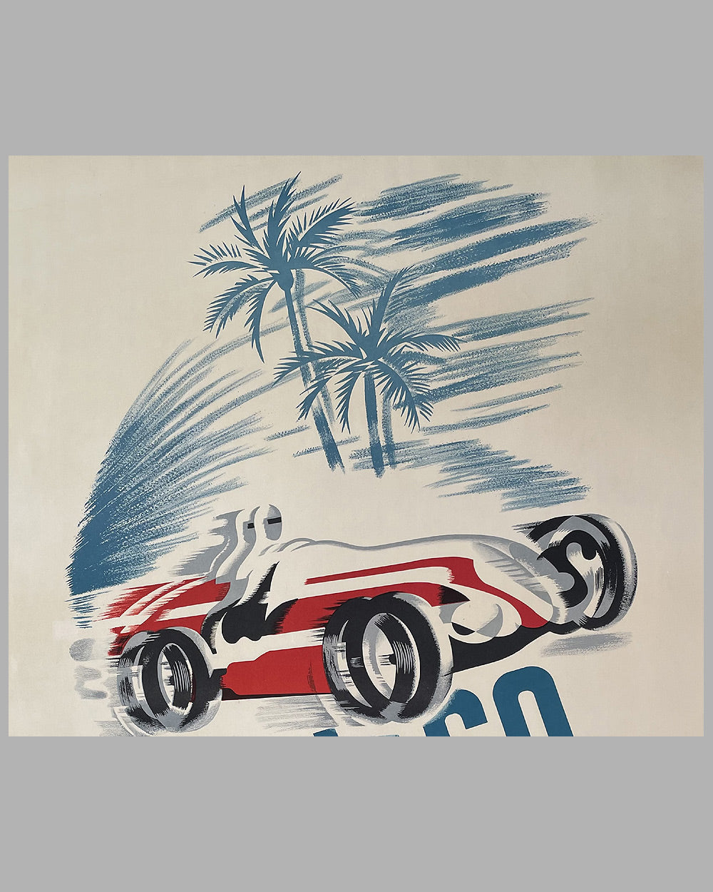 1950 Monaco Grand Prix poster by B. Minne, showing the silhouette of a Maserati 2