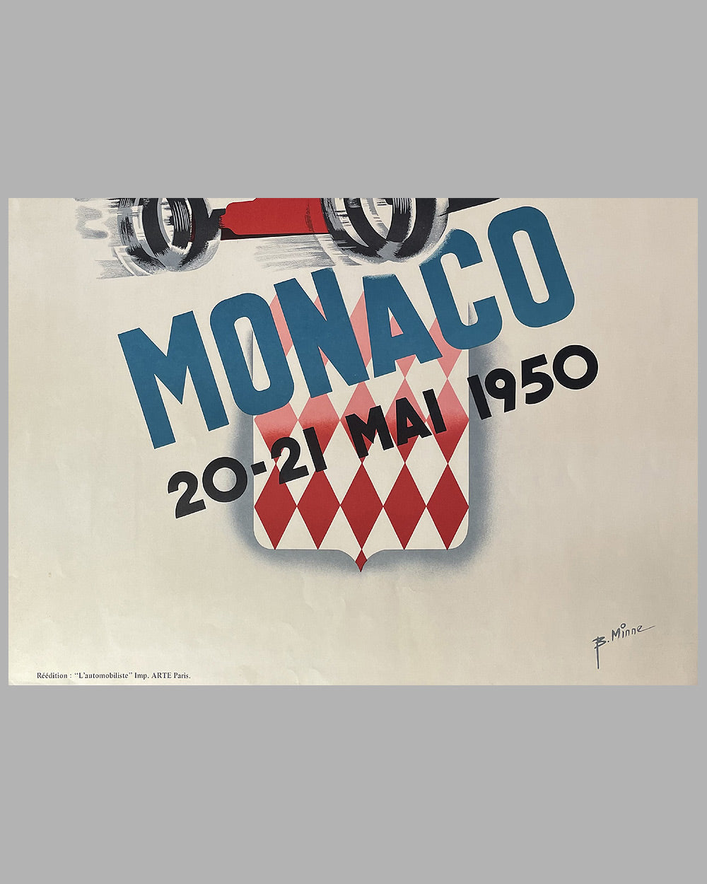 1950 Monaco Grand Prix poster by B. Minne, showing the silhouette of a Maserati 3