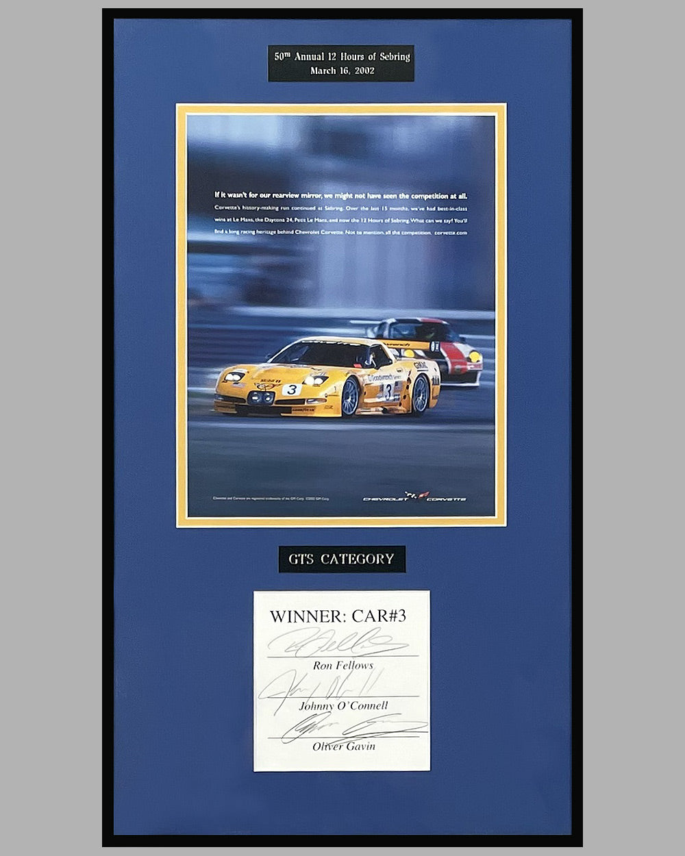 General Motors ad copy for the 2002 Corvette factory team, autographed by 3 drivers