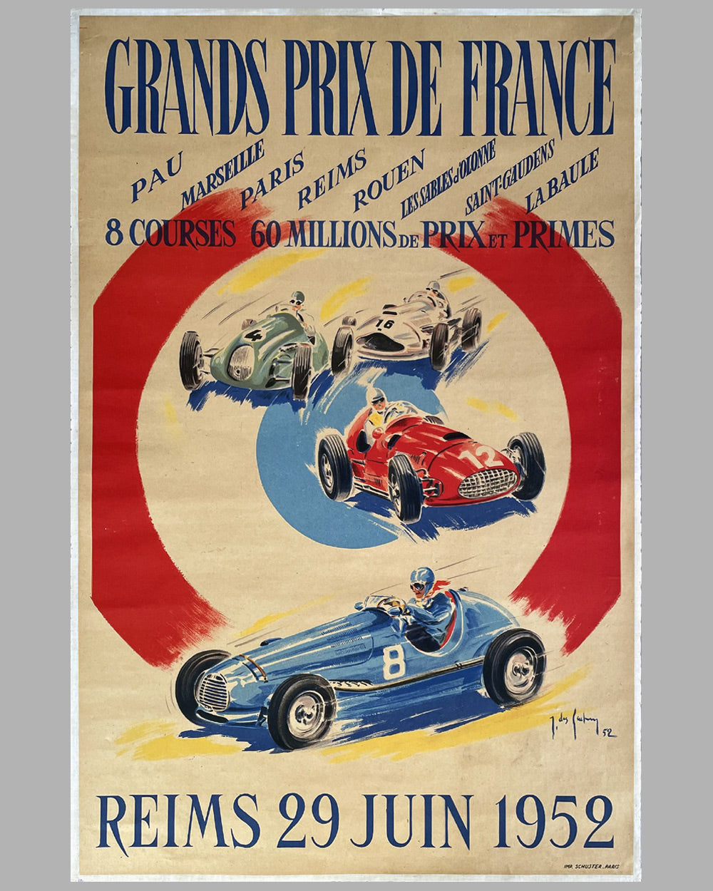 1952 Grand Prix de France in Reims original race poster by Jean Des Gachons