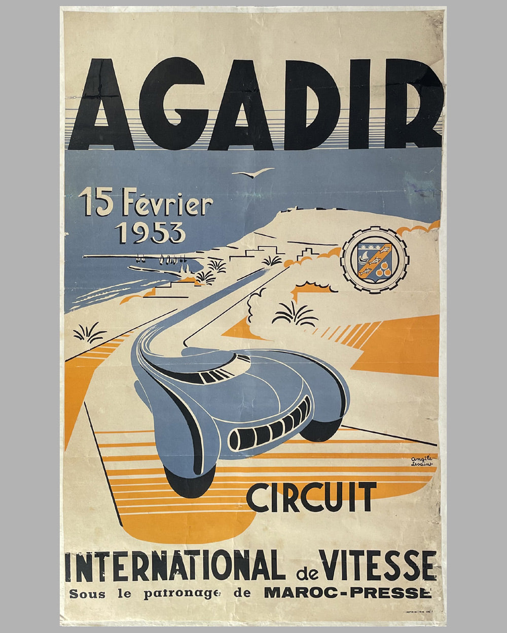 1953 Agadir Circuit International original race poster, artwork by Angile Lesaint