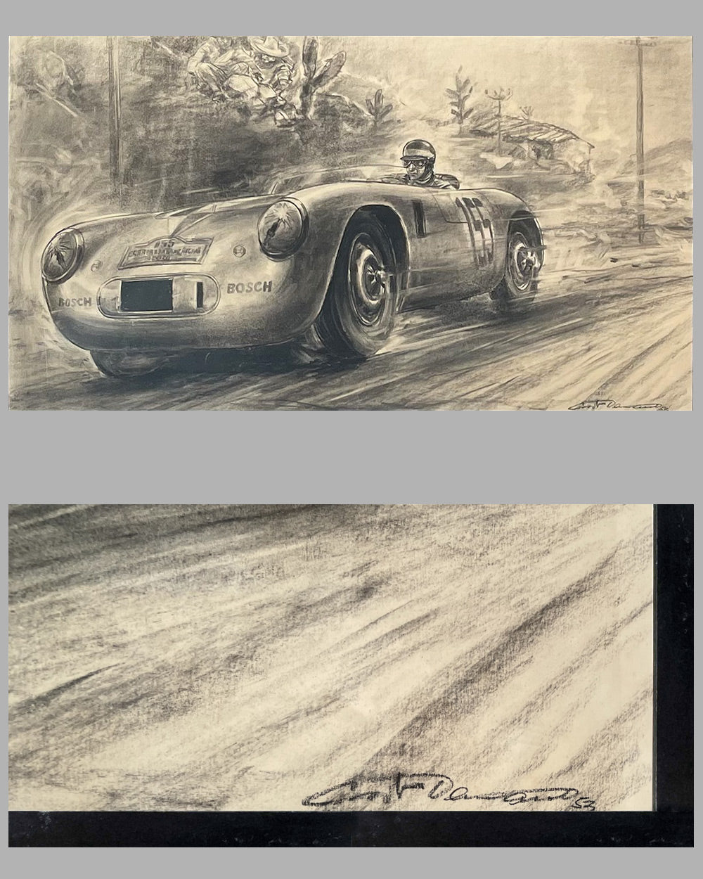 1953 Mexican Road Race, Carrera Panamericana charcoal drawing by German artist Carlo Demand 2