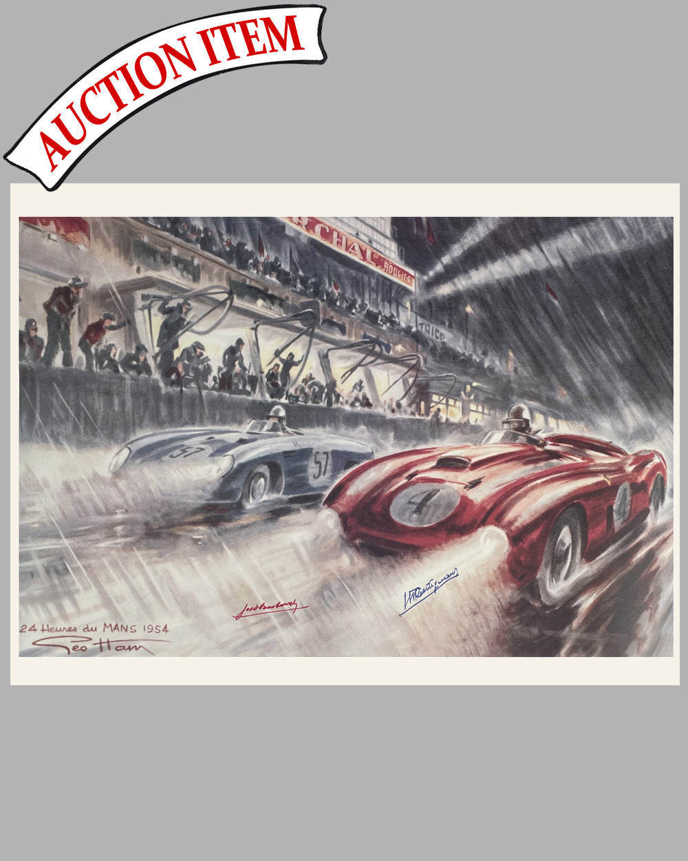 Les 24 Heures du Mans 1954 print by Geo Ham, autographed by Trintignant &amp; Gonzalez