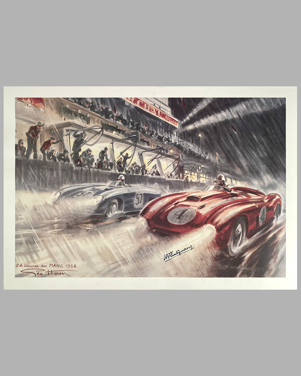 1954 Les 24 heures du Mans print by Geo Ham, hand autographed by Trintignant