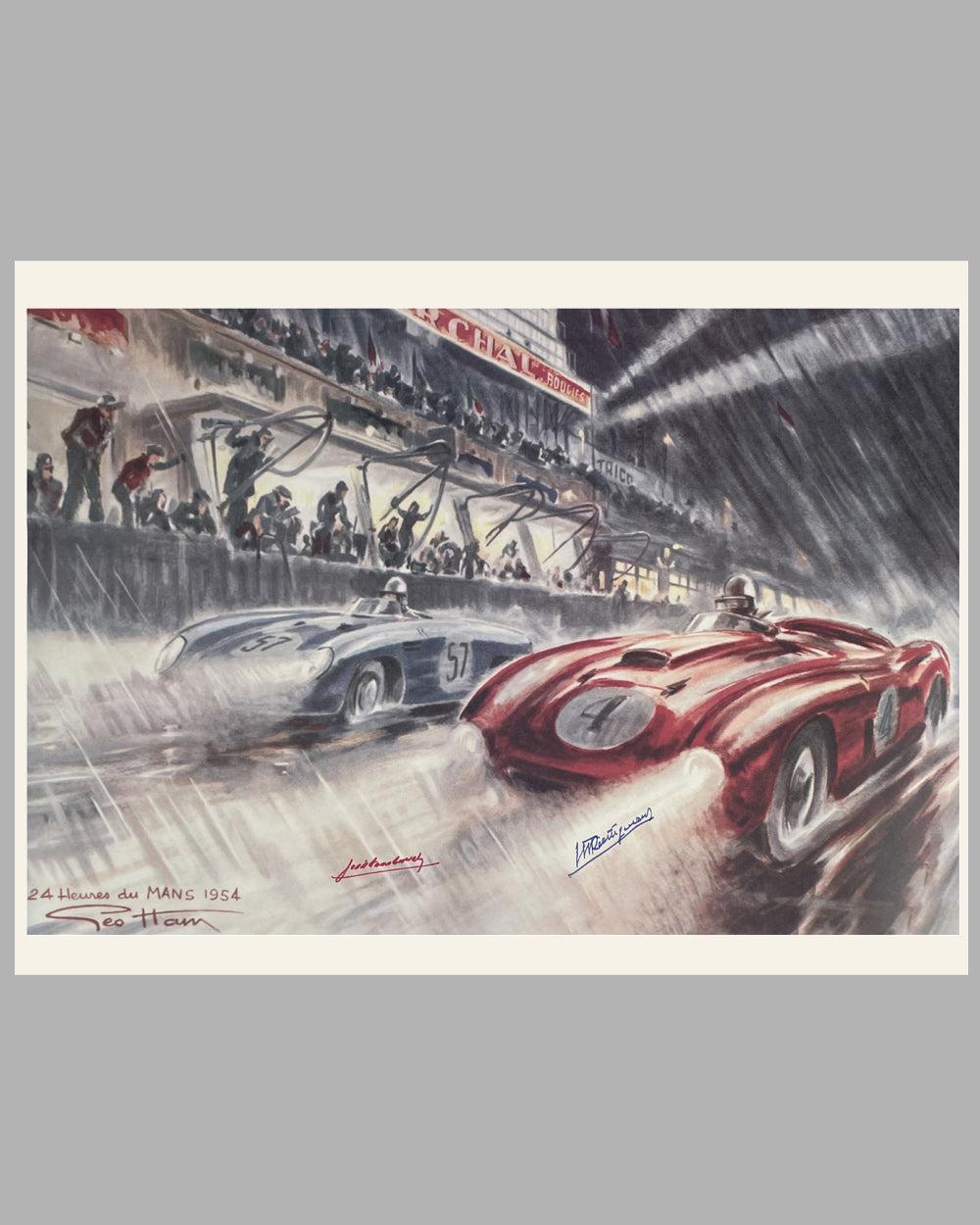 1954 Les 24 Heures du Mans print by Geo Ham, autographed by Trintignant & Gonzalez