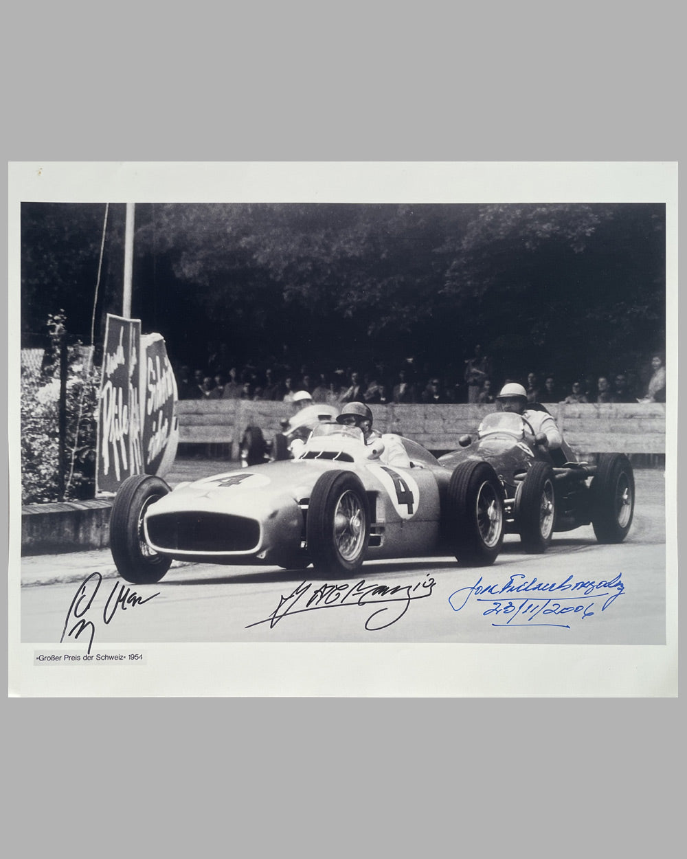 Grand Prix of Switzerland 1954 b&amp;w photograph by Fernando Gomez, autographed by Fangio, Moss &amp; Gonzalez