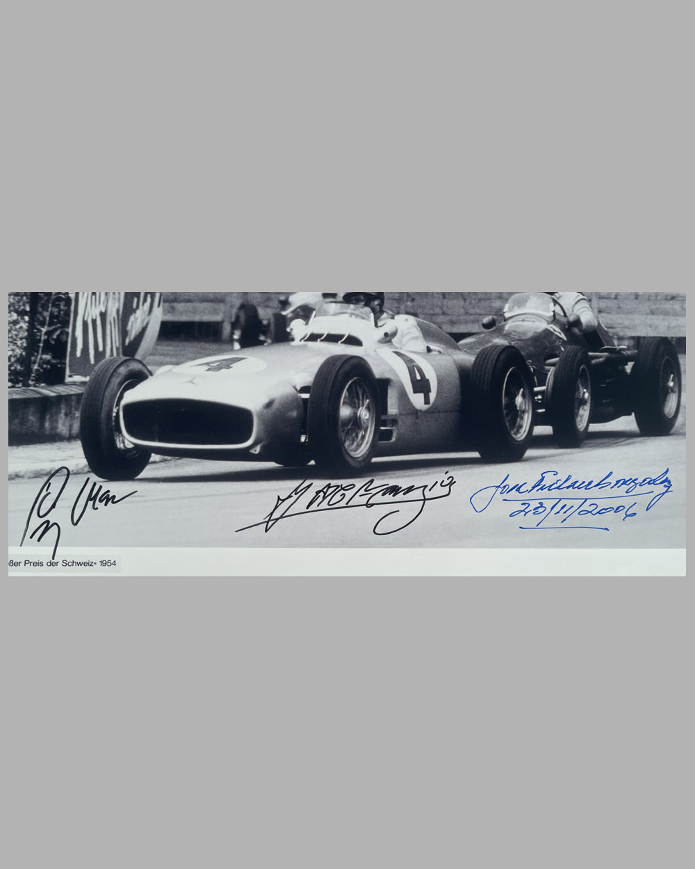 Grand Prix of Switzerland 1954 b&w photograph by Fernando Gomez, autographed by Fangio, Moss & Gonzalez 2