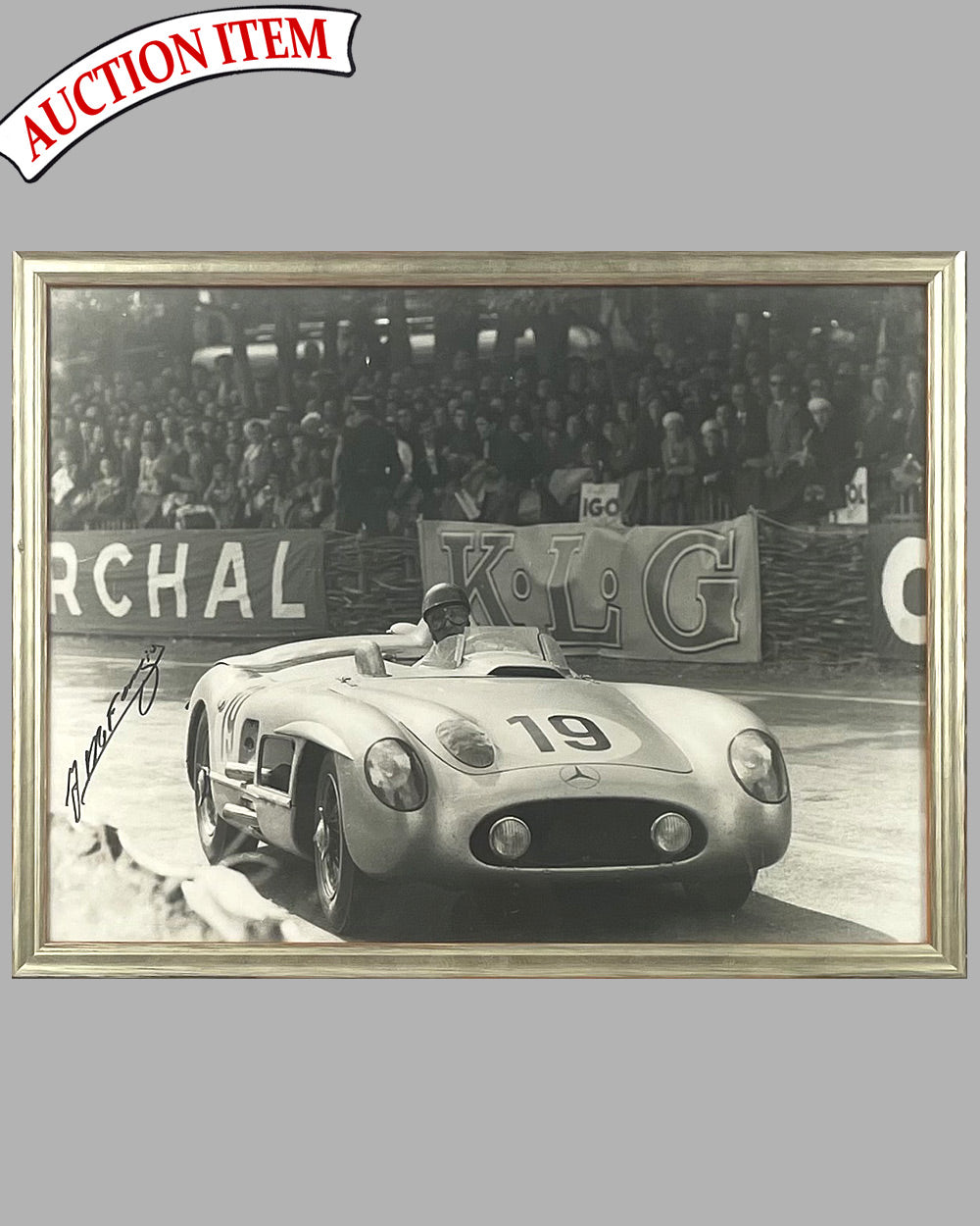 Fangio at Le Mans in 1955 hand autographed by Fangio b&w photo by Bernard Cahier