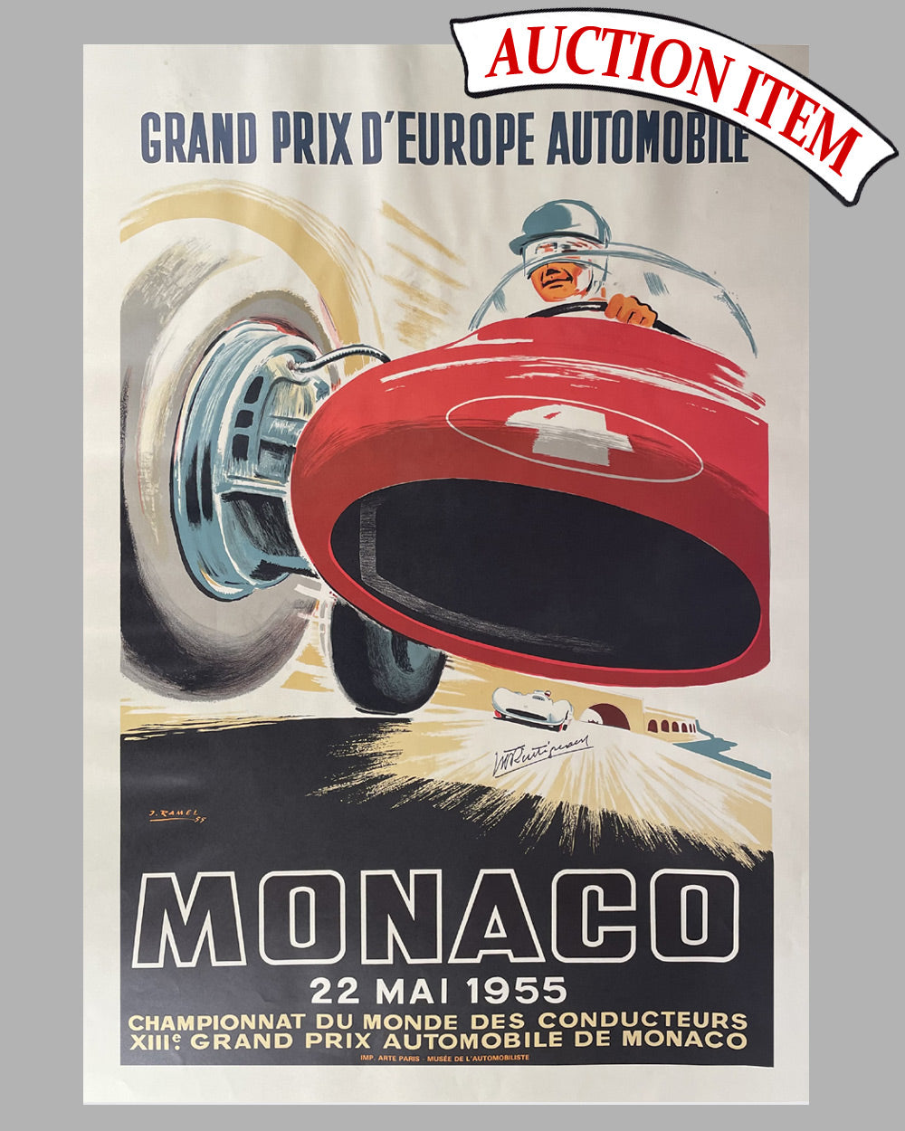 1955 Grand Prix of Monaco poster by J. Ramel, autographed by Trintignant