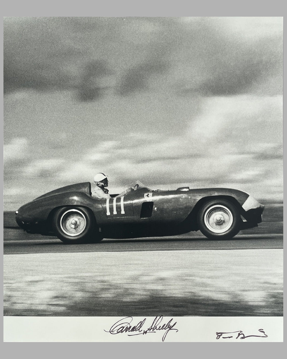 Carroll Shelby at Elkhart Lake in 1956 autographed b&amp;w photograph by Tom Burnside