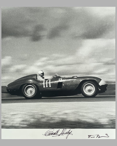 Carroll Shelby at Elkhart Lake in 1956 autographed b&w photograph by Tom Burnside