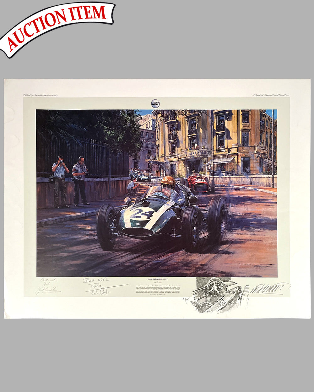 World Champion 1957 print by Nicholas Watts, autographed by Brabham and Cooper