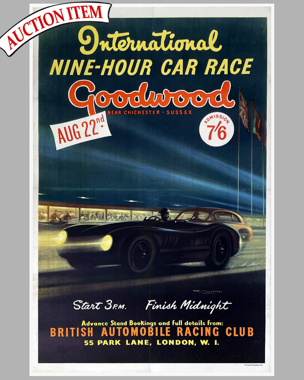 1953 Nine-Hour Car Race at Goodwood original poster, artwork by Roy Nockolds