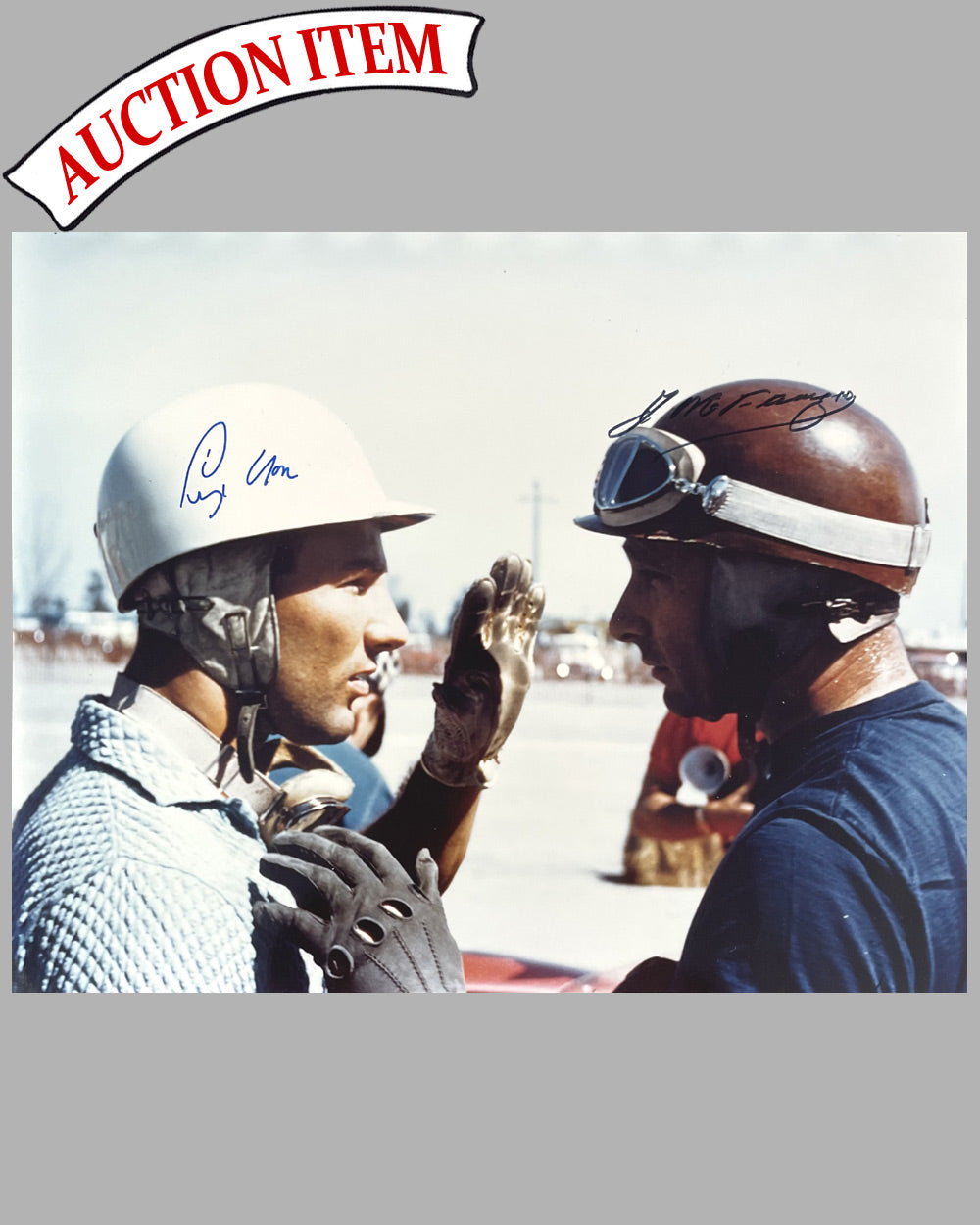 3 - 12 Hours of Sebring 1957 color photograph, autographed by Fangio and Moss