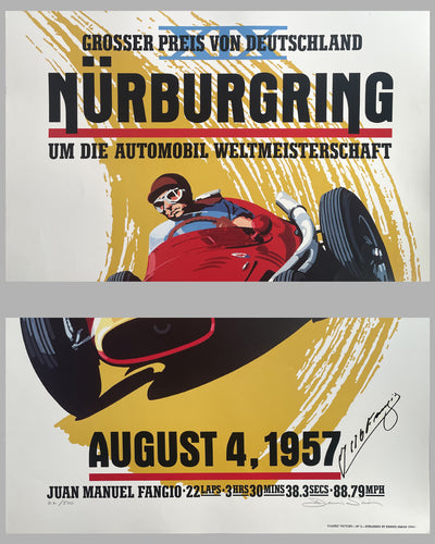 Grosser Preis von Deutschland 1954 Nurburgring commemorative poster by Dennis Simon, autographed by Fangio 2