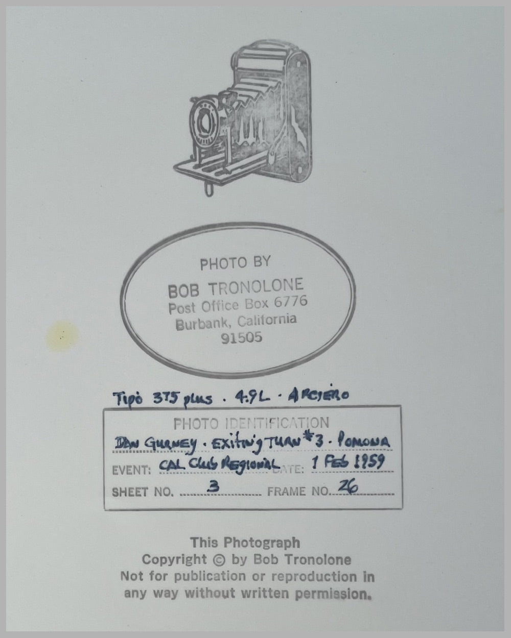 Dan Gurney in his Ferrari 375+ b&w photograph by Bob Tromolone 3