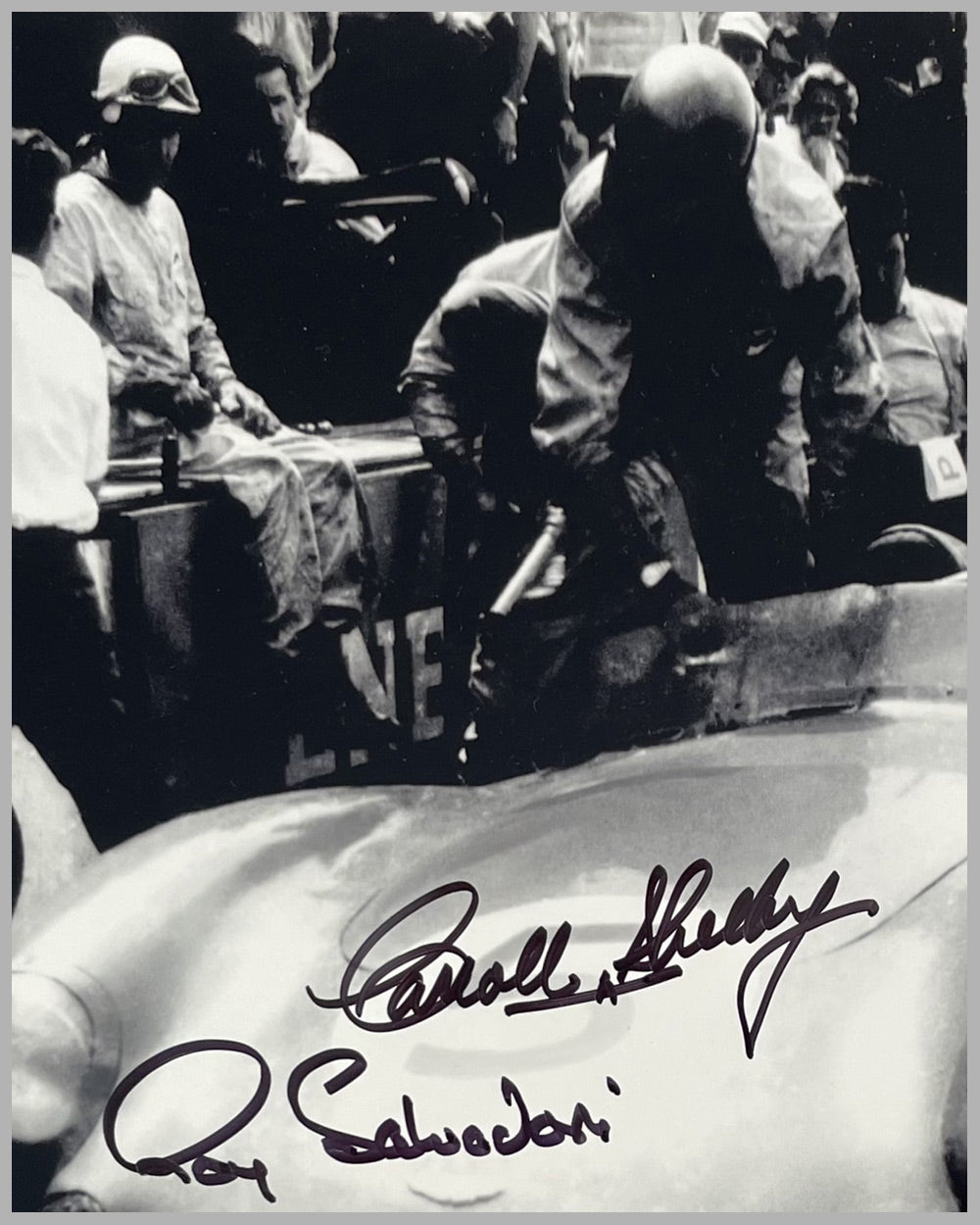 Pit Stop at Le Mans 1959 b&amp;w photograph, autographed by Shelby and Salvadori 2