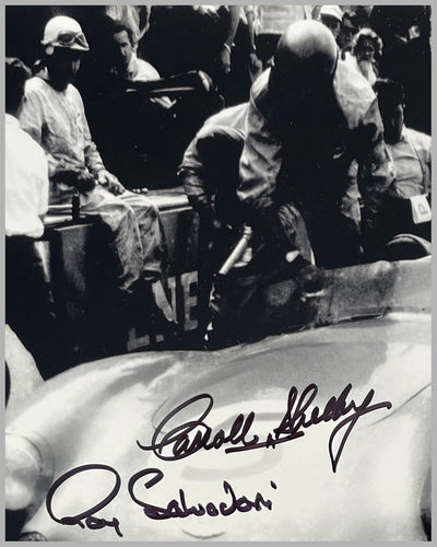 Pit Stop at Le Mans 1959 b&w photograph, autographed by Shelby and Salvadori 2