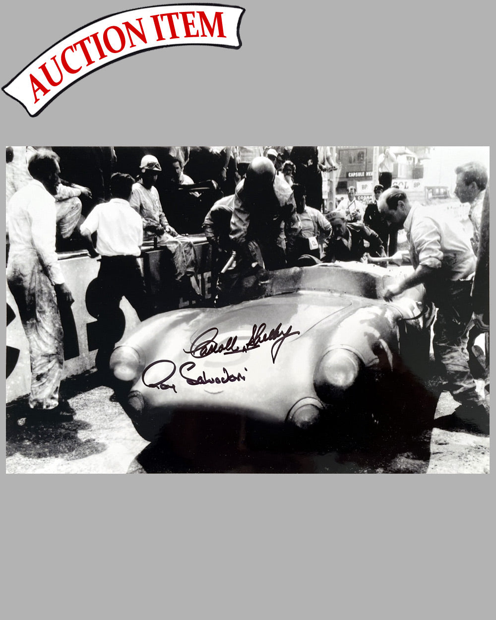 Pit Stop at Le Mans 1959 b&w photograph, autographed by Shelby and Salvadori