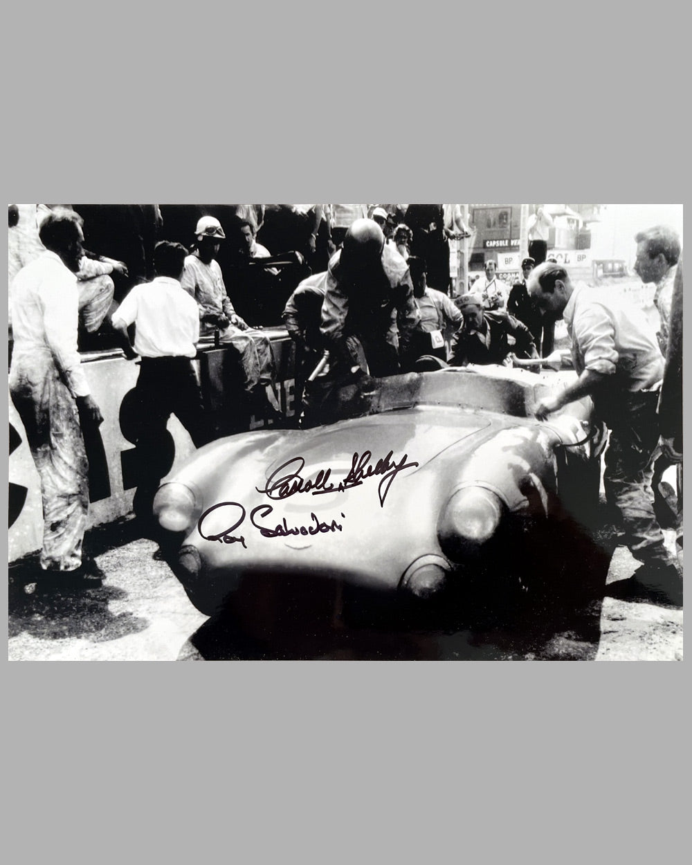 Pit Stop at Le Mans 1959 b&amp;w photograph, autographed by Salvadori and Shelby