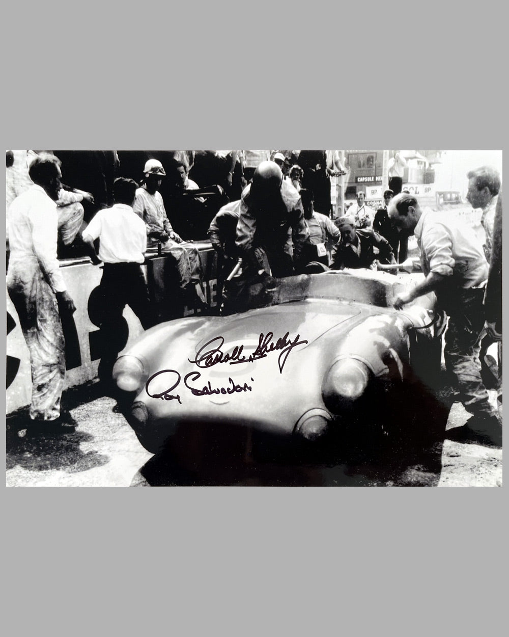 Pit Stop at Le Mans 1959 b&w photograph, autographed by Salvadori and Shelby