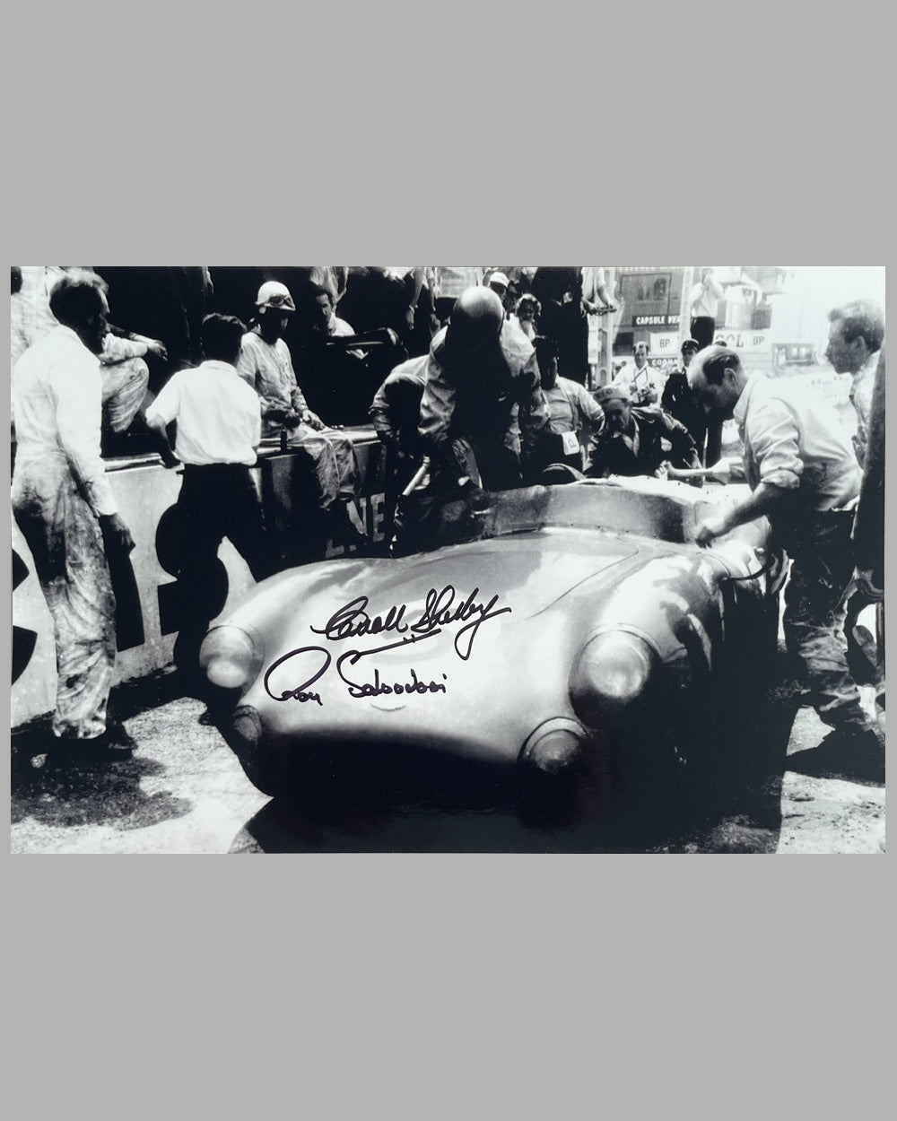 1959 24 Hours of Le Mans b&amp;w photograph, autographed by Shelby and Salvadori