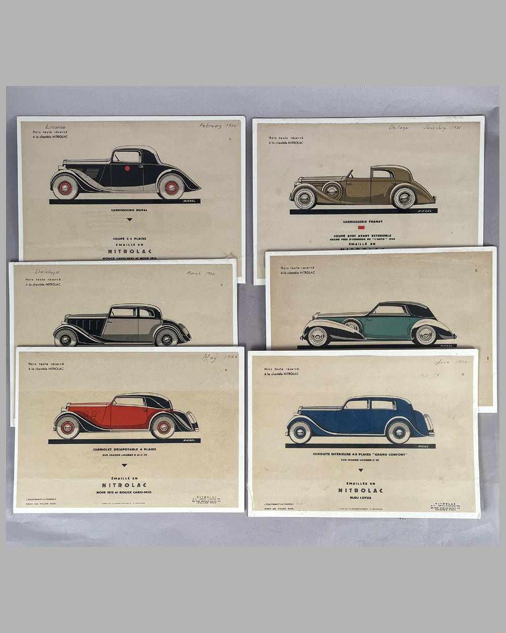 Six Nitrolac paint sample prints by Riegel, mid 1930’s