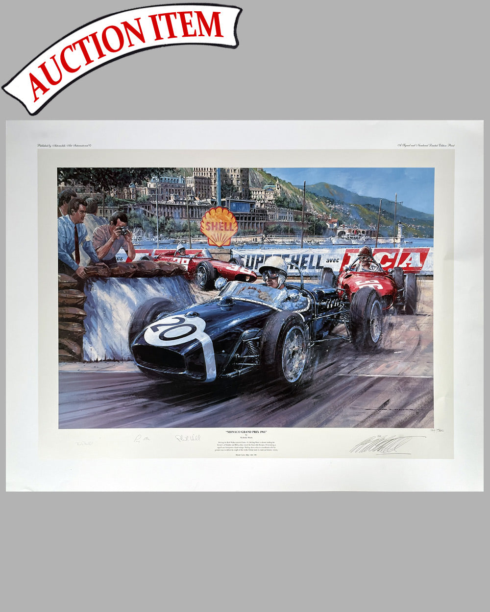 Monaco Grand Prix 1961 limited edition print by Nicholas Watts, autographed by Stirling Moss, Phil Hill and Rob Walker