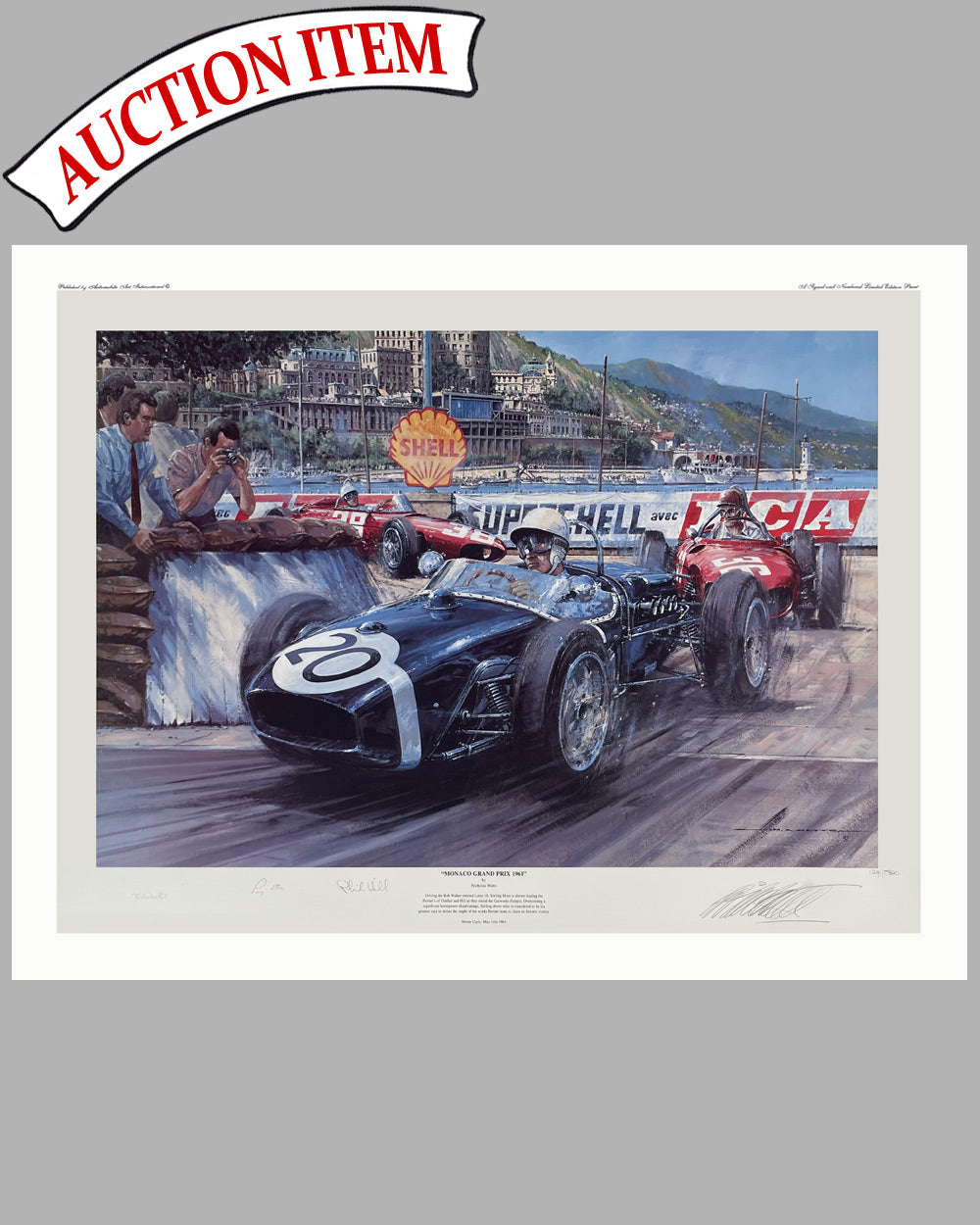 6 - Monaco Grand Prix 1961 print by Nicholas Watts, autographed by Hill, Moss and Walker