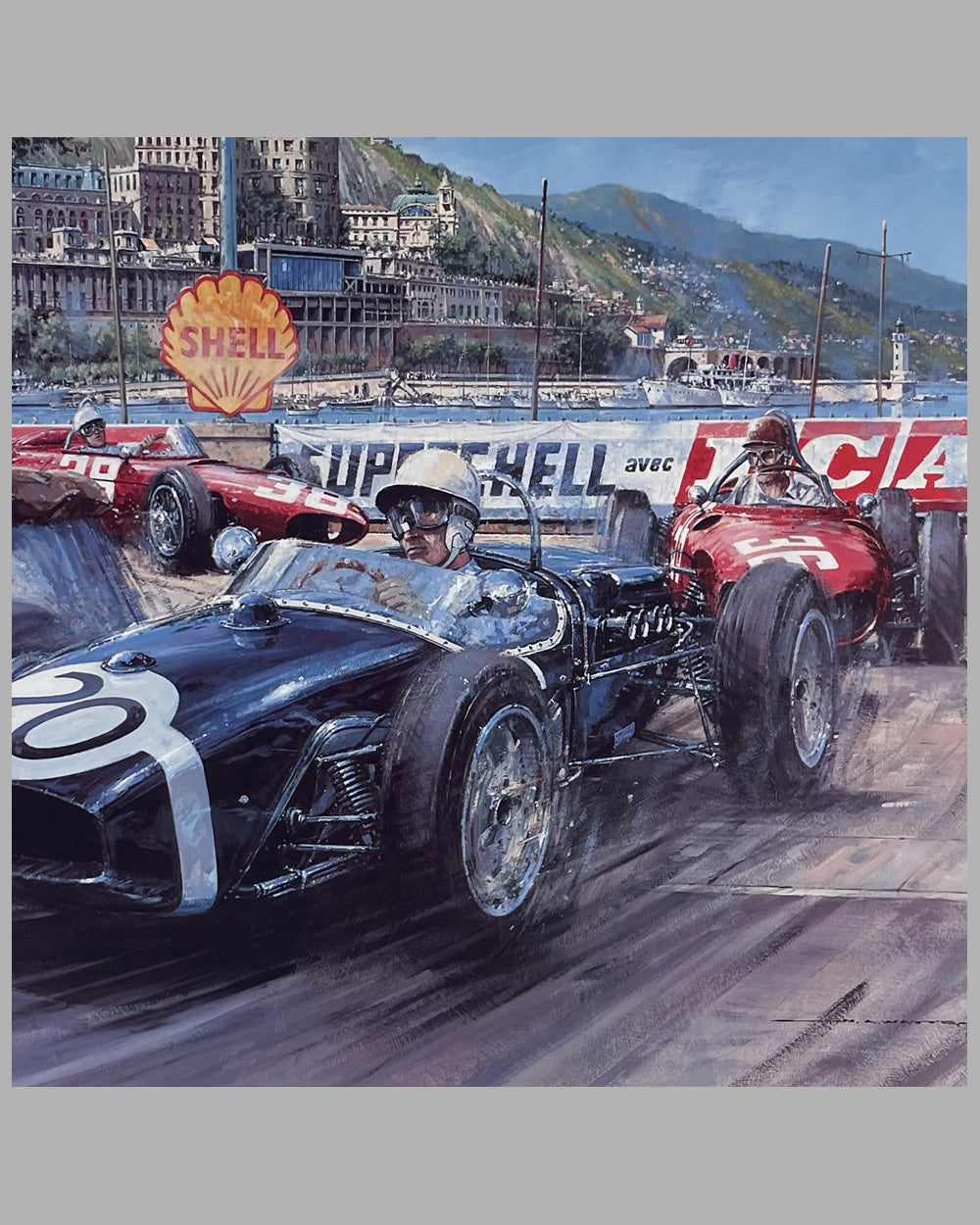 Monaco Grand Prix 1961 print by Nicholas Watts, autographed by Hill, Moss and Walker 2