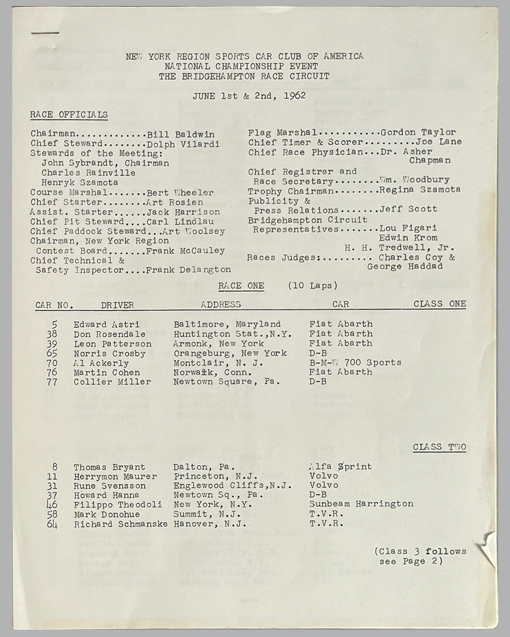 Bridgehampton race program and entry list for the SCCA National Championship, 1962 5