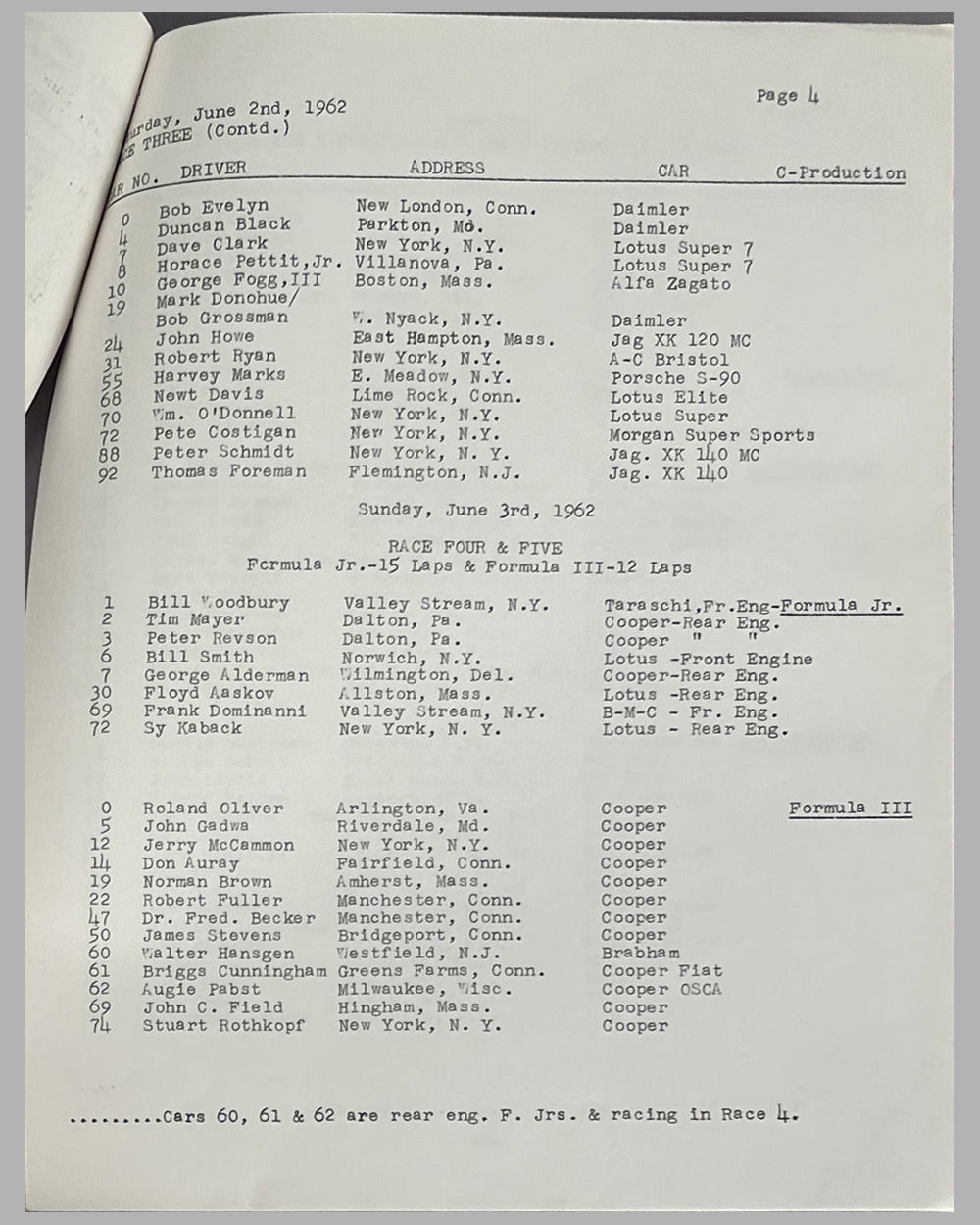 Bridgehampton race program and entry list for the SCCA National Championship, 1962 6