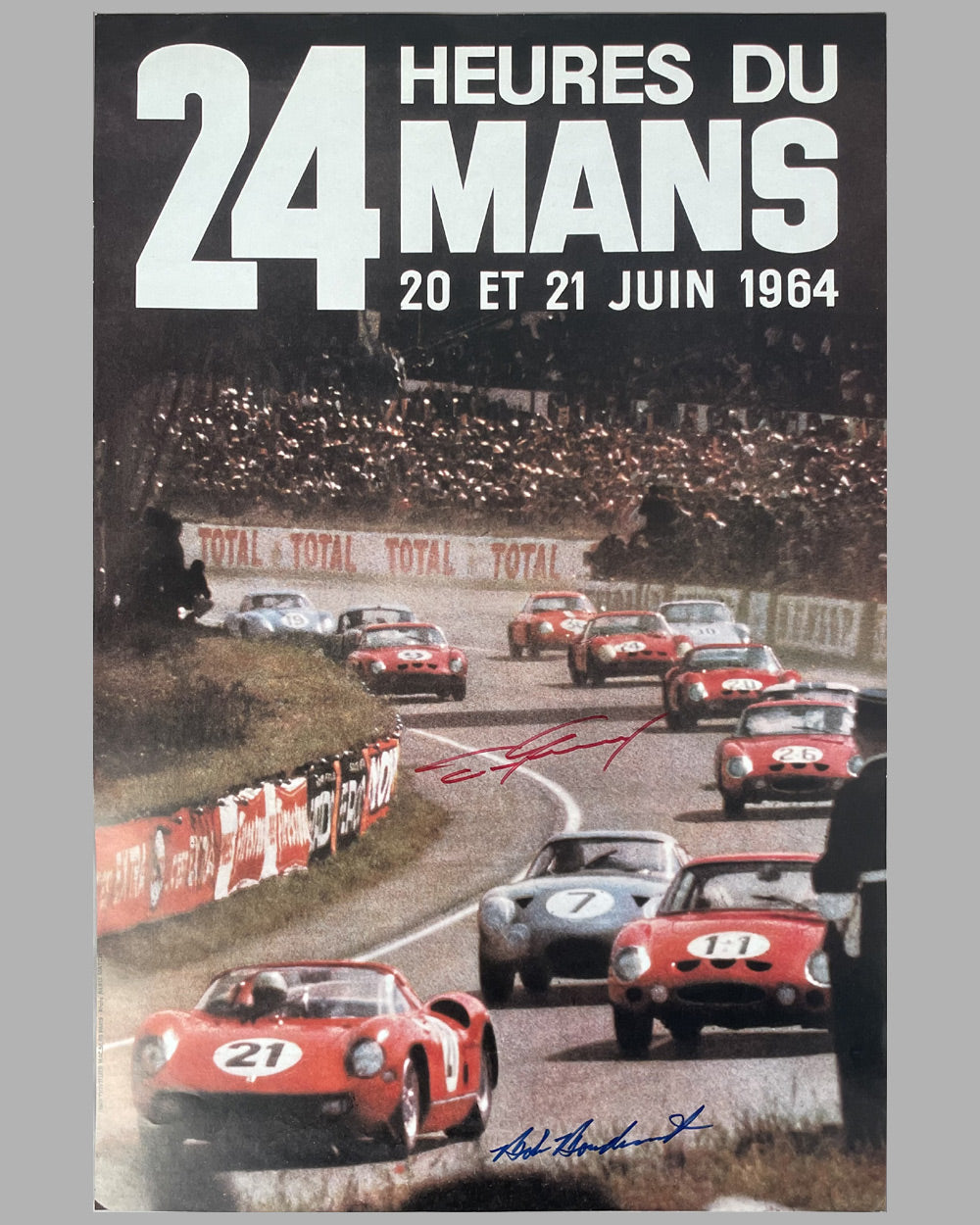 1964 official 24 Hours of Le Mans ACO reproduction poster, autographed by Gurney and Bondurant