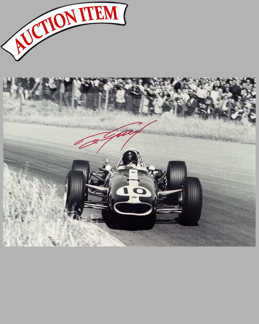 Dan Gurney 1966 Dutch Grand Prix autographed b&w photograph