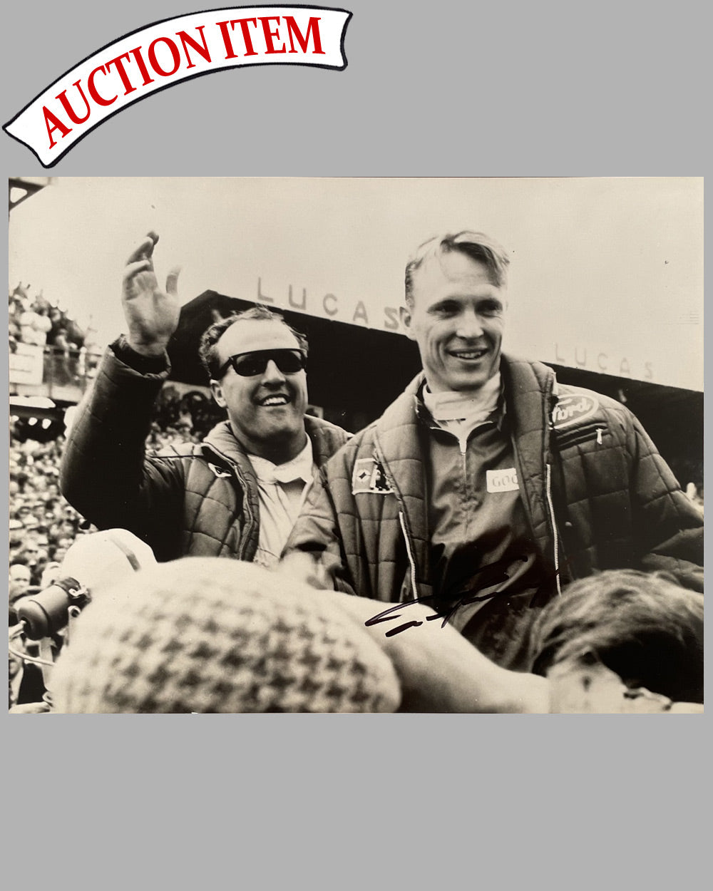 Dan Gurney and A.J. Foyt b&w photograph, autographed by Gurney