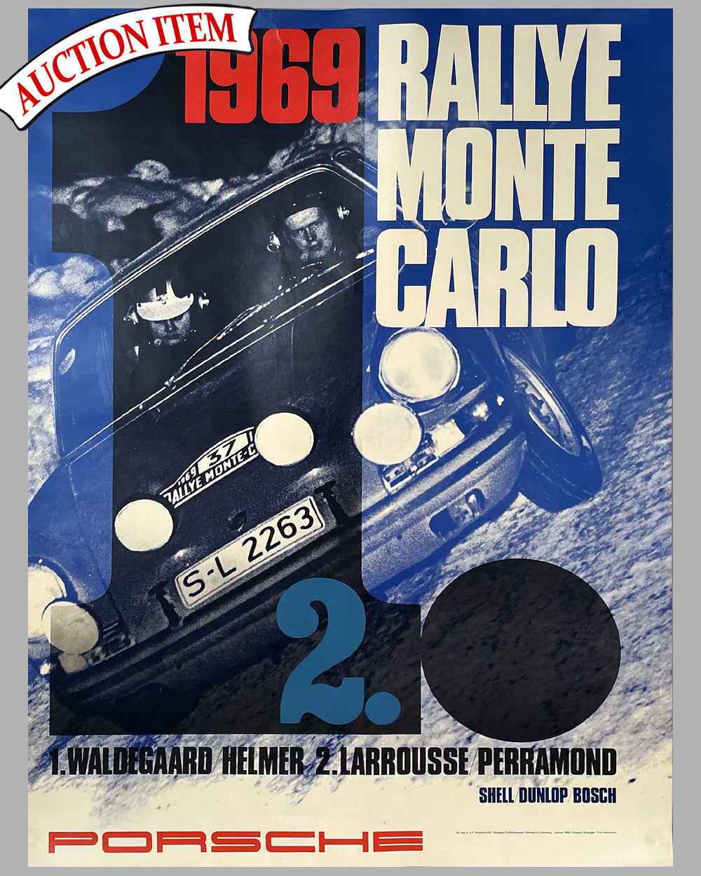 1969 original Porsche factory victory poster for winning the Rally of Monte Carlo
