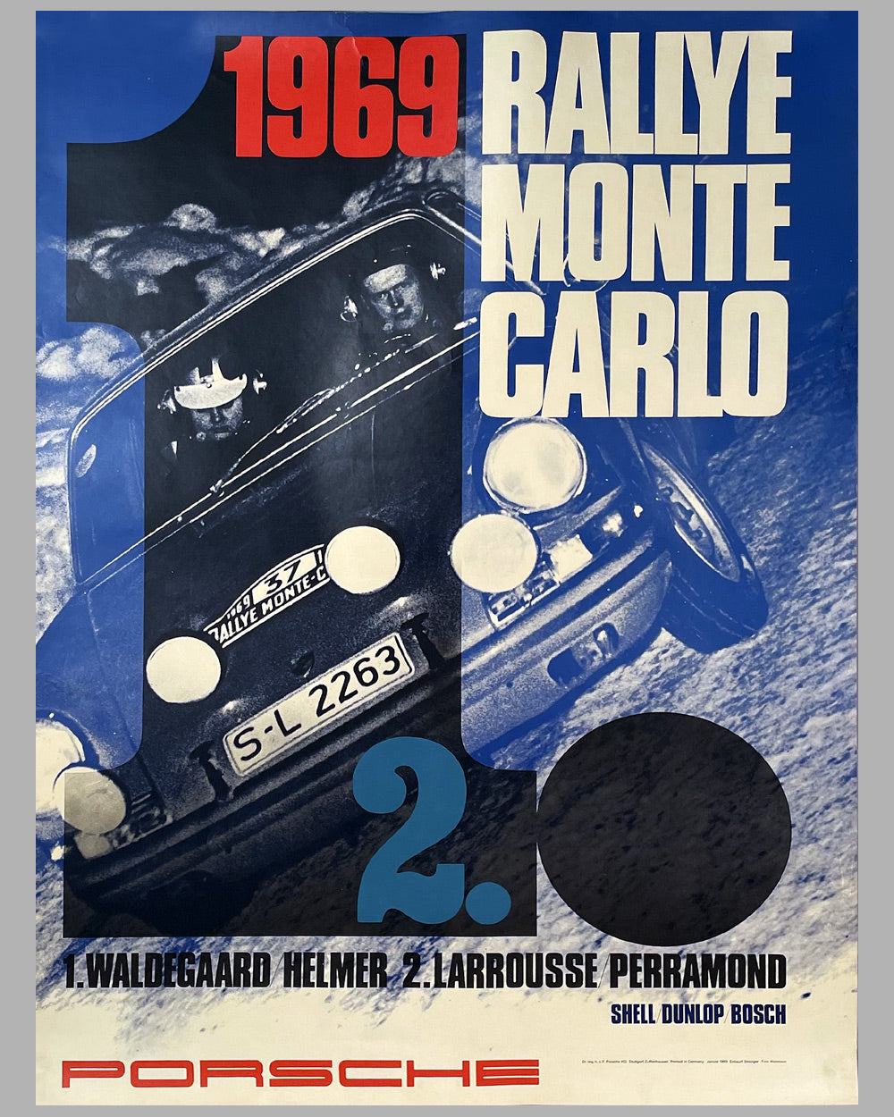 1969 original Porsche factory victory poster for winning the Rally of Monte Carlo