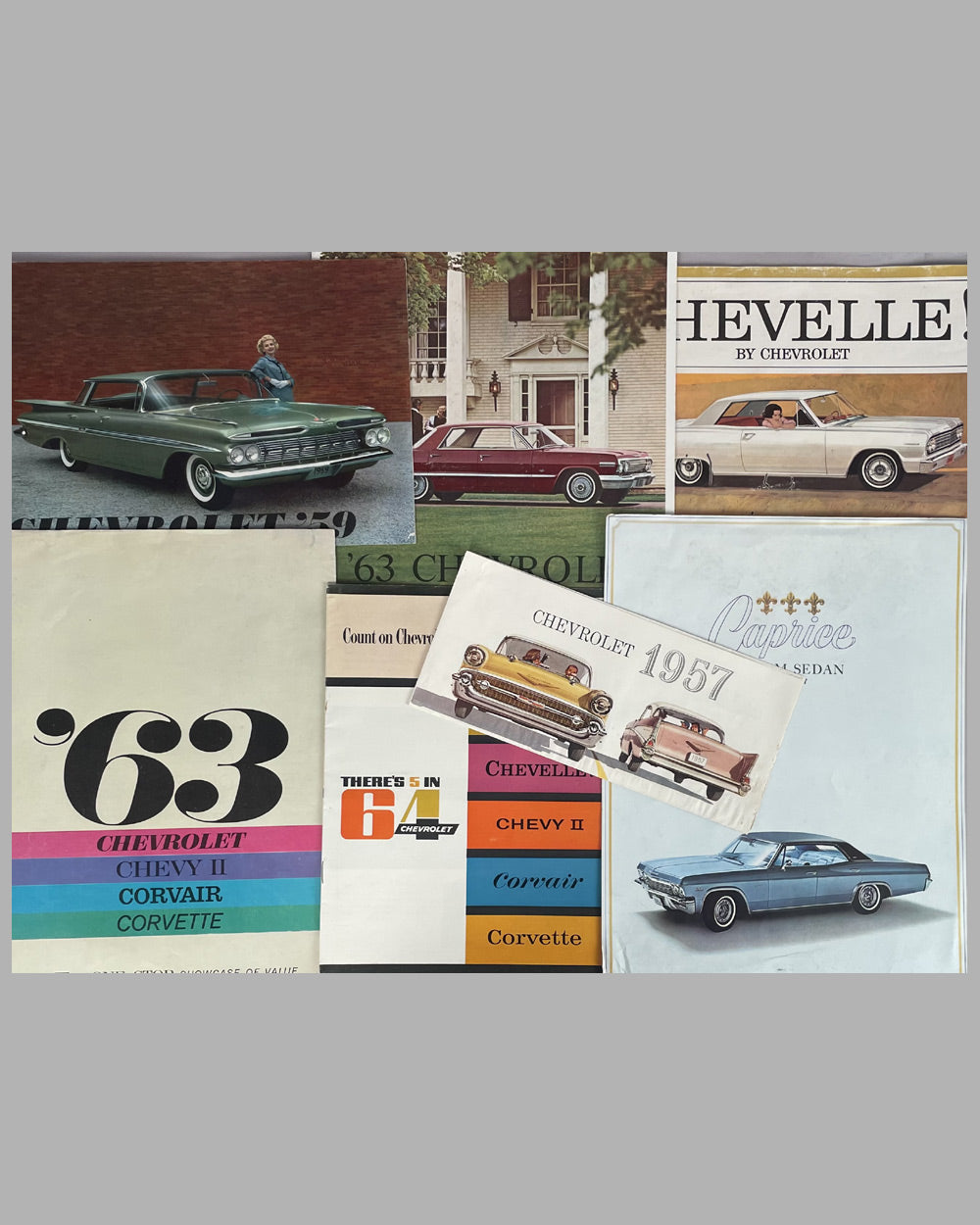 Collection of 7 Chevrolet factory sales brochures, 1957 to 1965