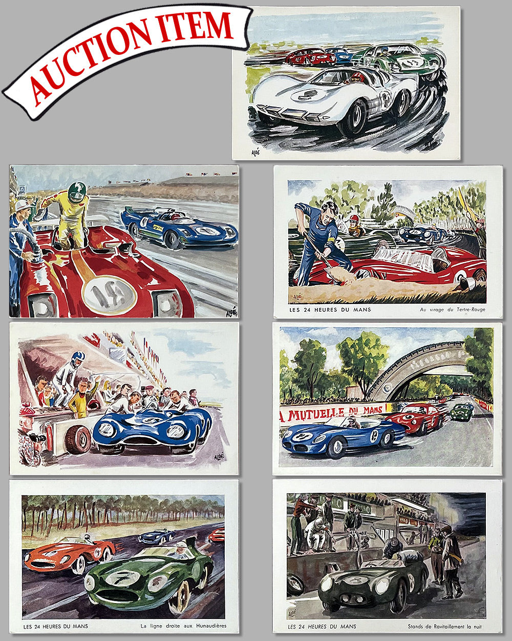 Collection of 7 postcards with scenes from the 24 hours of Le Mans from the 1950’s to early 1970’s