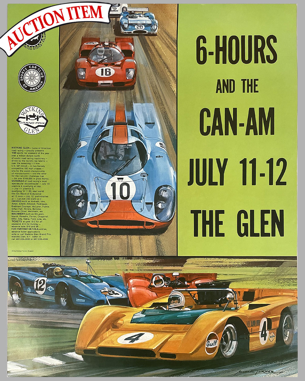 1970 6 Hours and Can-Am poster at Watkins Glen, artwork by Michael Turner