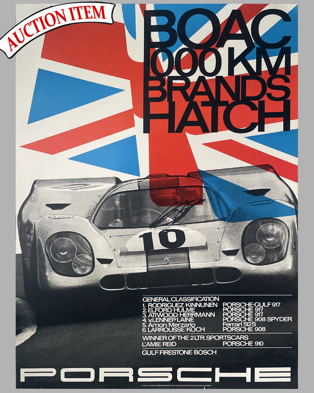 1970 1000 KM of Brands Hatch original Porsche factory poster, Strenger design