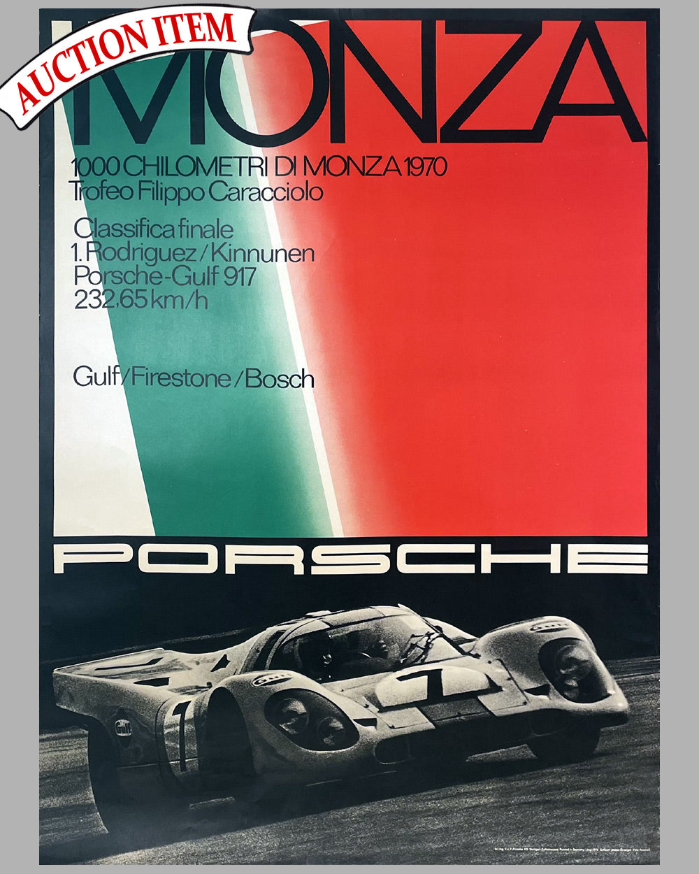 1970 1000 KM of Monza original Porsche victory poster, Strenger design