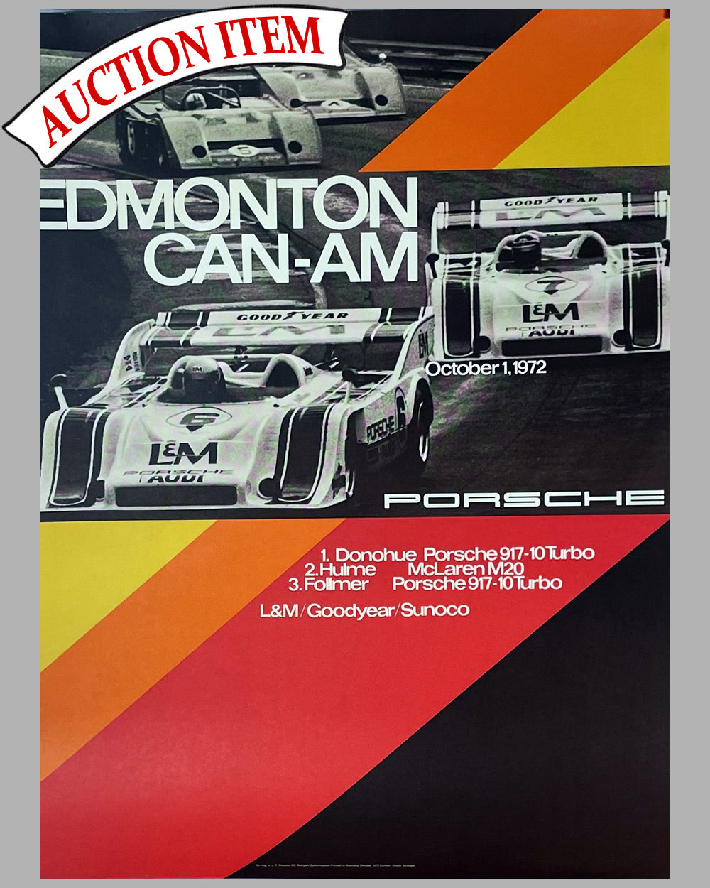 Porsche factory original victory poster highlighting their win at the 1972 Can Am race in Edmonton
