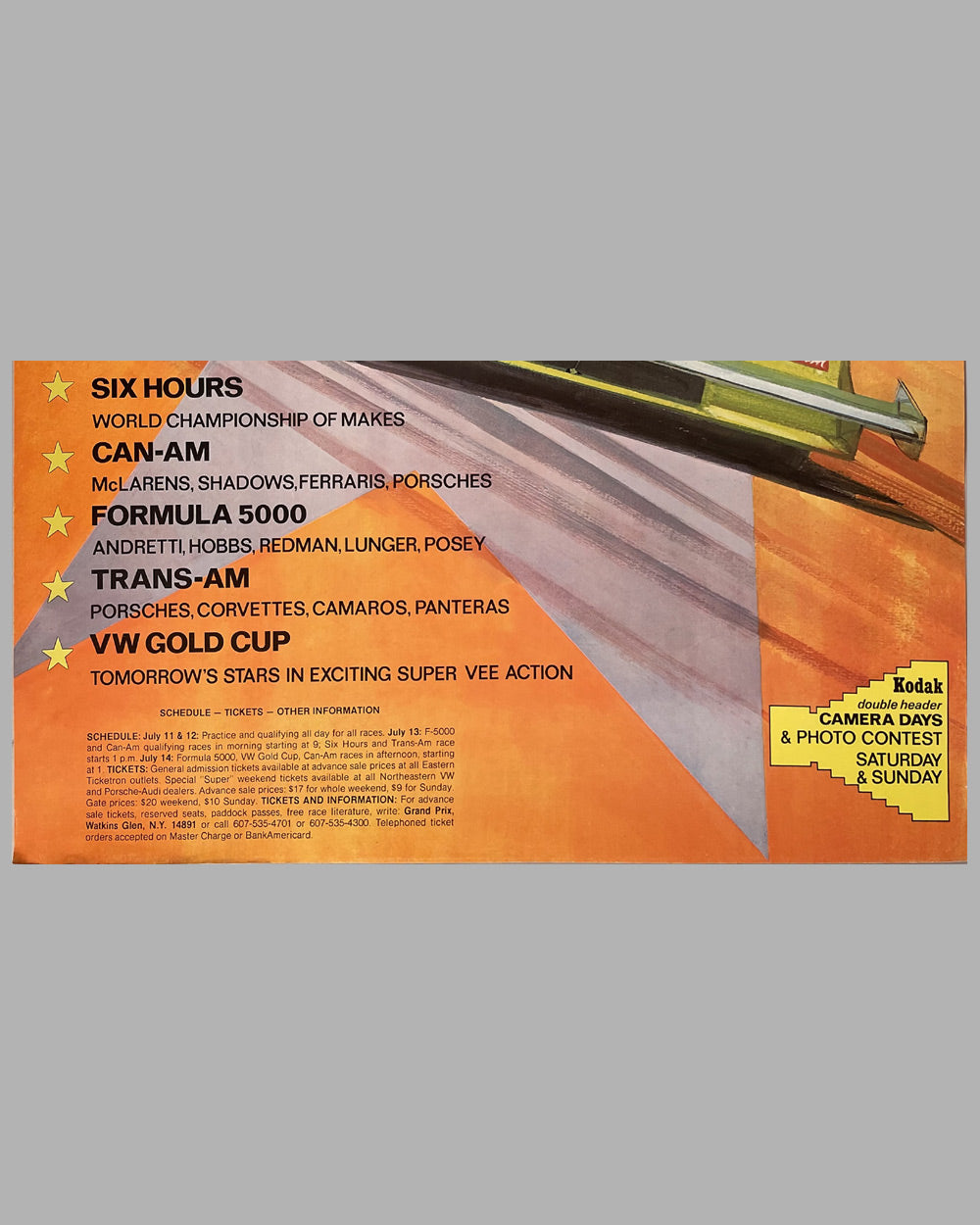 Vintage race car poster with text on an orange and gray background 3