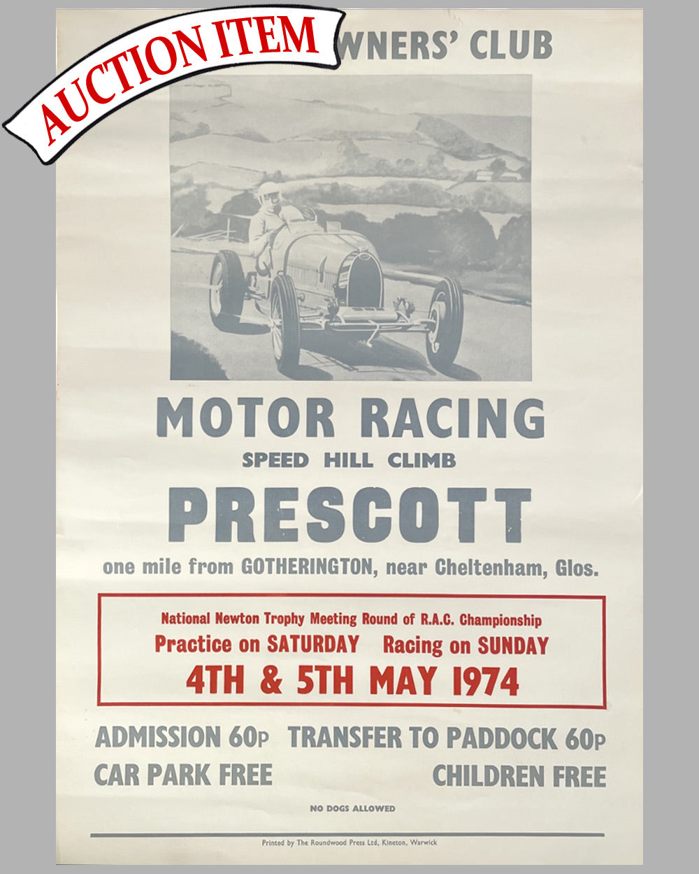 Prescott Hill Climb 1974 poster produced by the Bugatti Owners’ Club