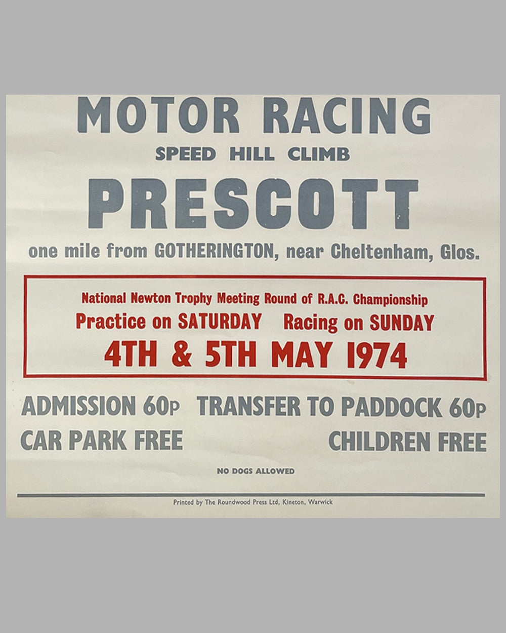 Prescott Hill Climb 1974 poster produced by the Bugatti Owners’ Club