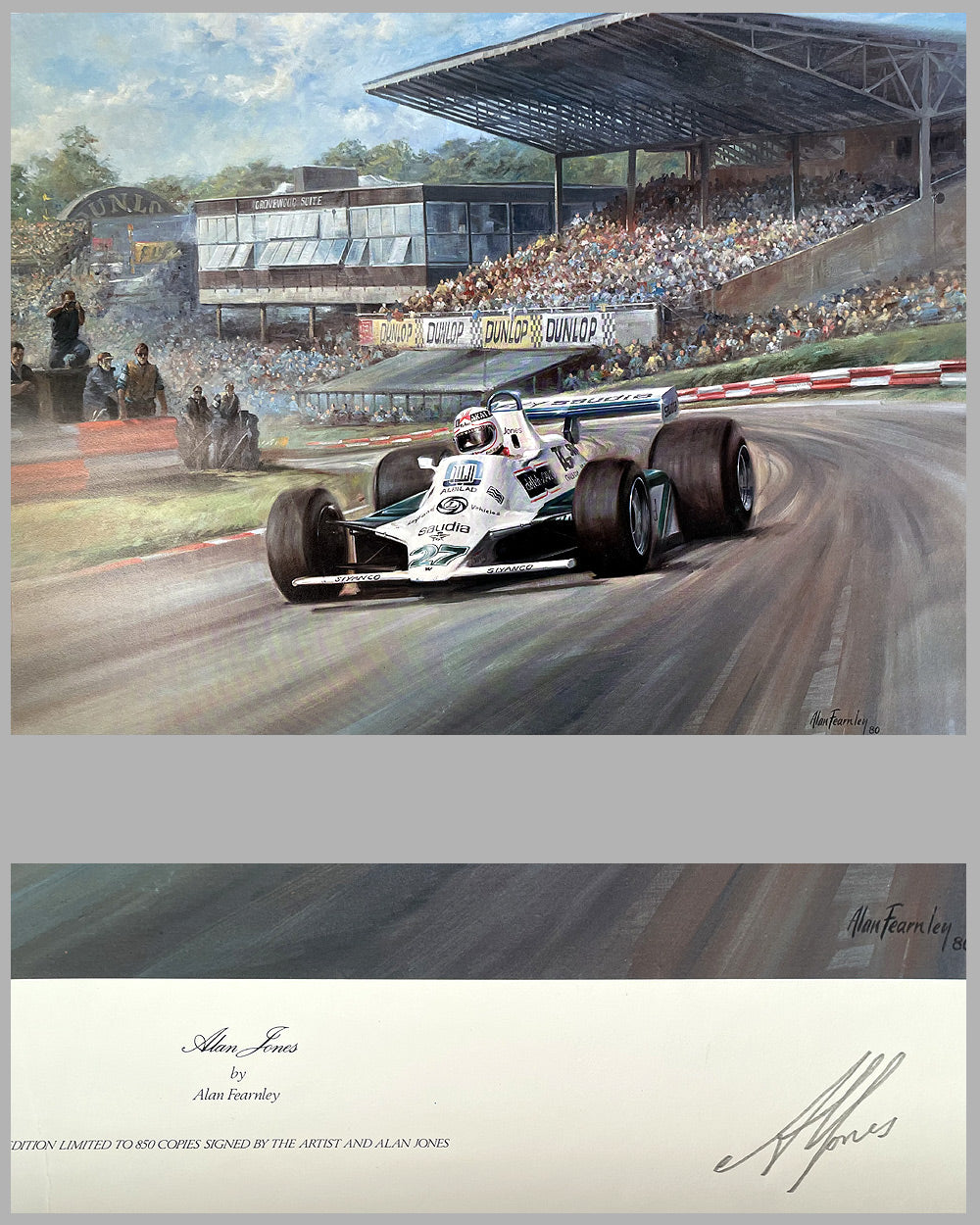 Alan Jones at the British Grand Prix in 1980 print by Alan Fearnley, autographed by the driver 2