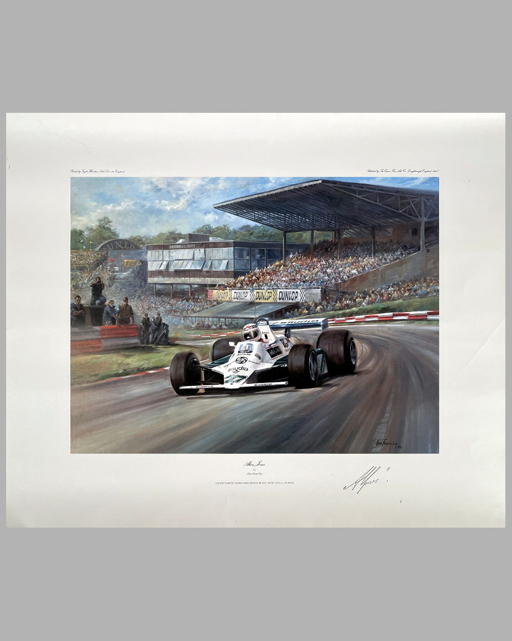 Alan Jones at the British Grand Prix in 1980 print by Alan Fearnley, autographed by the driver
