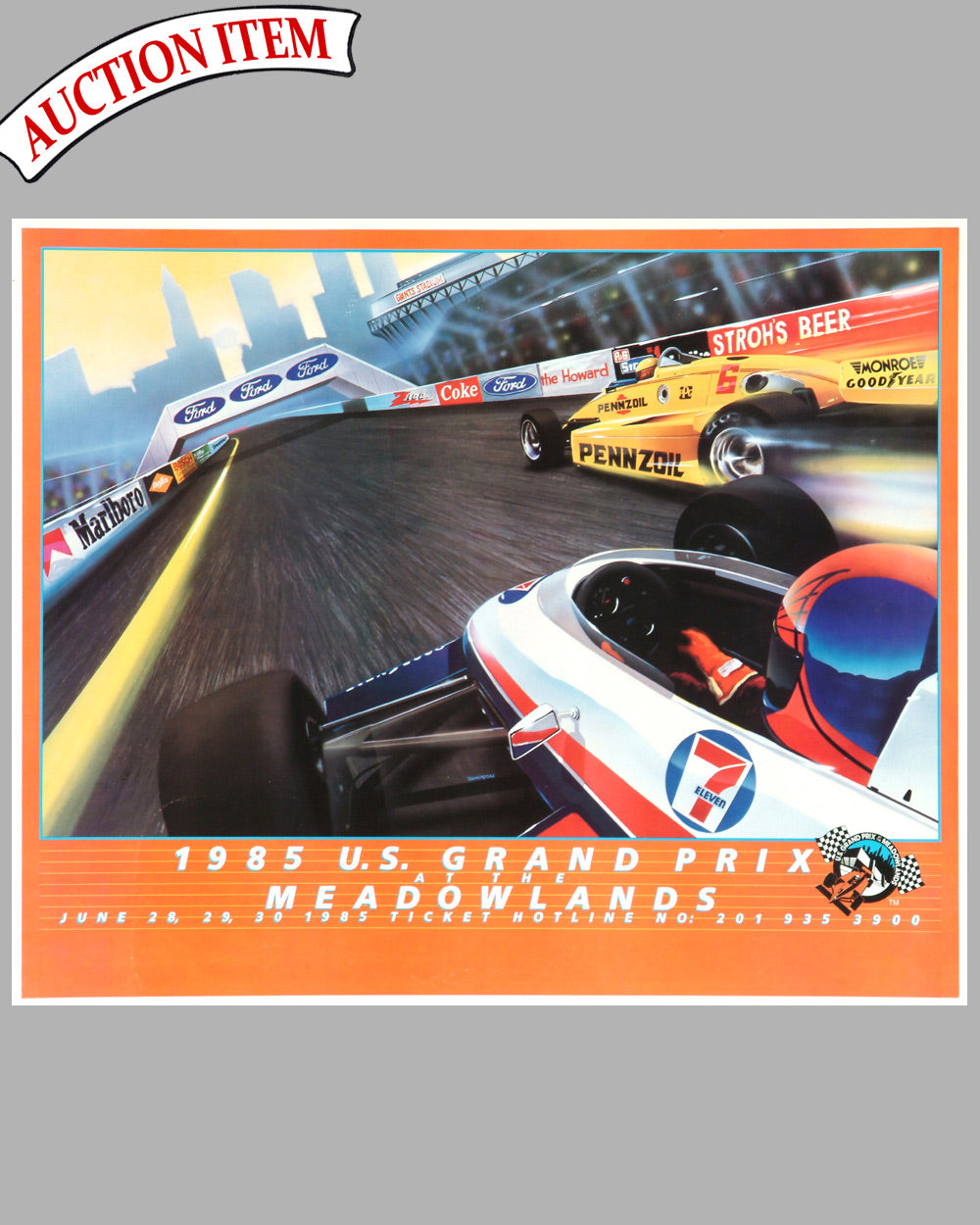 1985 Grand Prix of USA Meadowlands official event poster by Thierry Thompson, Canada